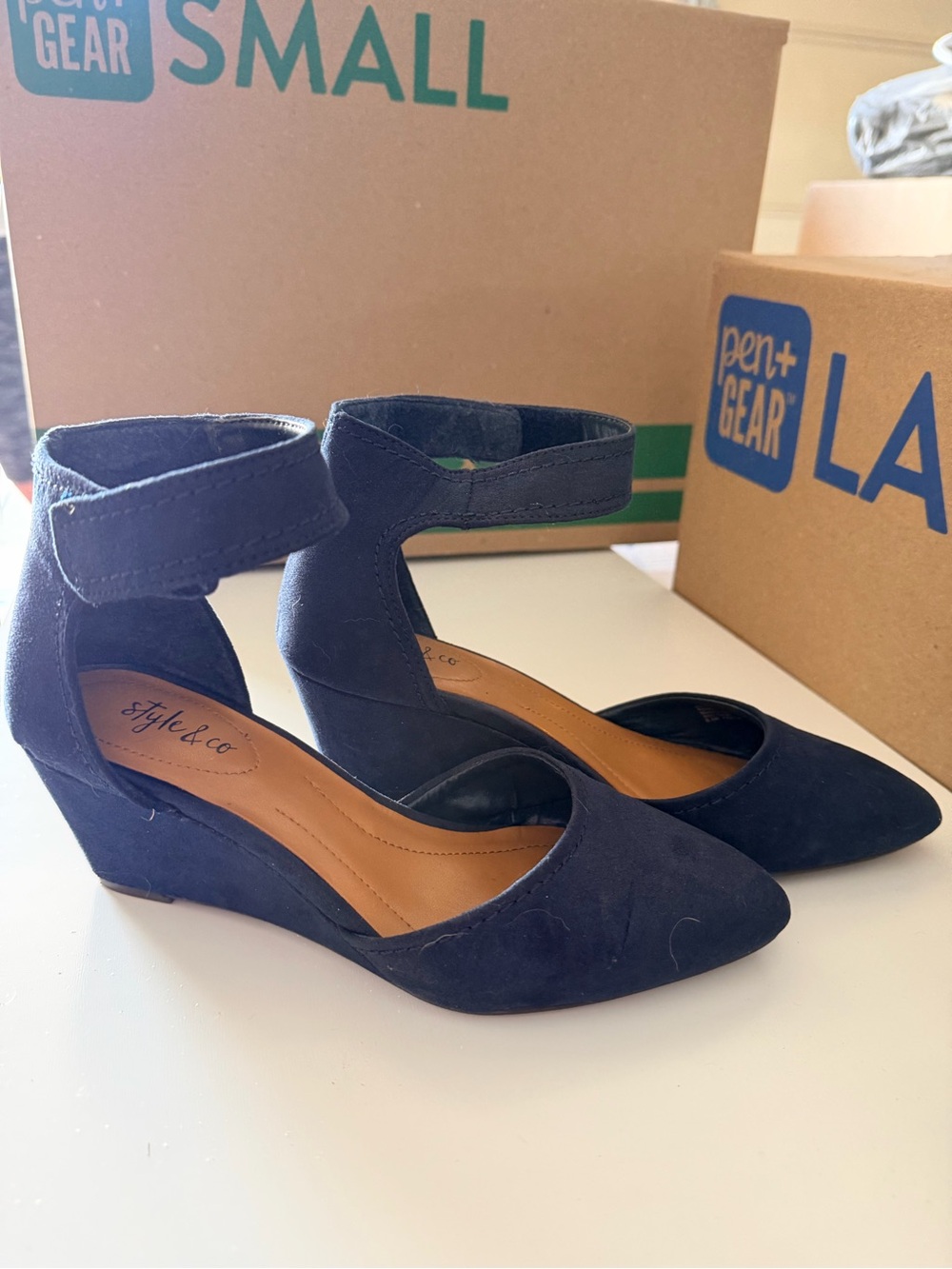 Style & Co. Navy Suede Ankle-Strap Wedge Pumps